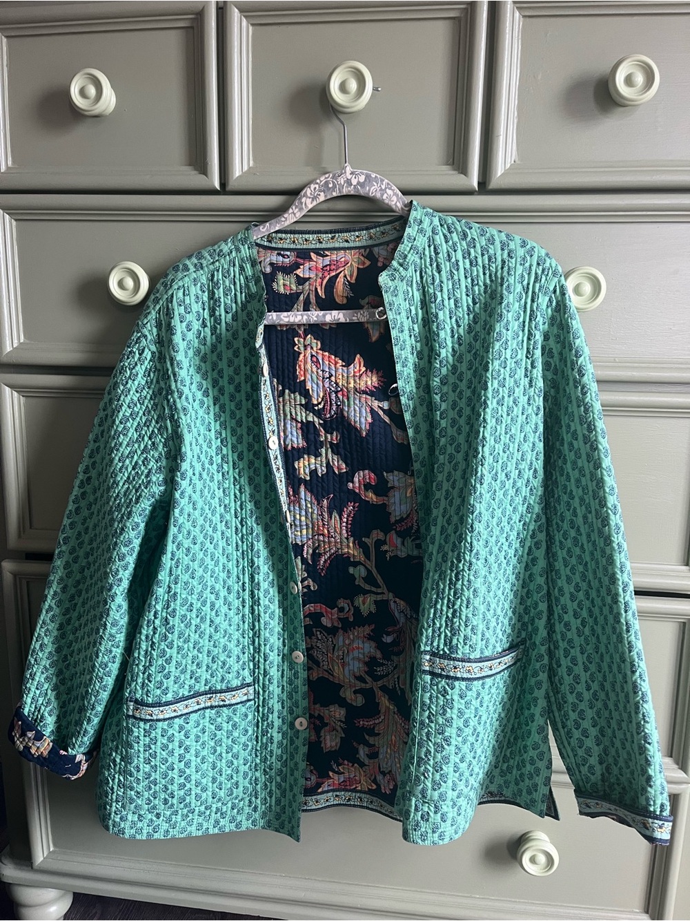 Womens Reversible Green Quilted Jacket with Floral Lining